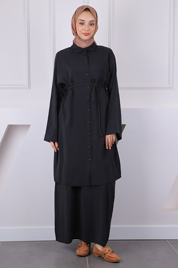 Black Drawstring Waist Tunic Dress Combination Set