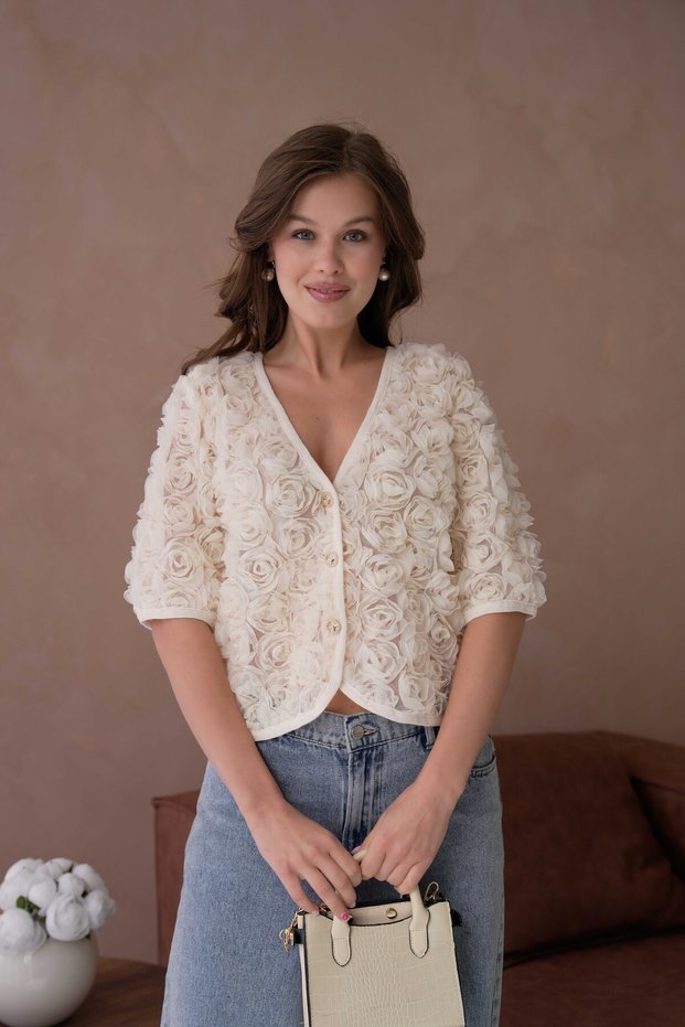 Women's V Neck Organza Flower Detail Button Blouse