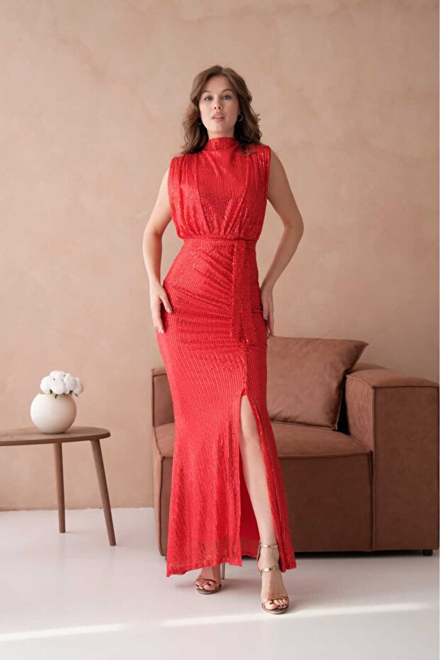 Stand Collar Slit Belted Sequin Evening Dress