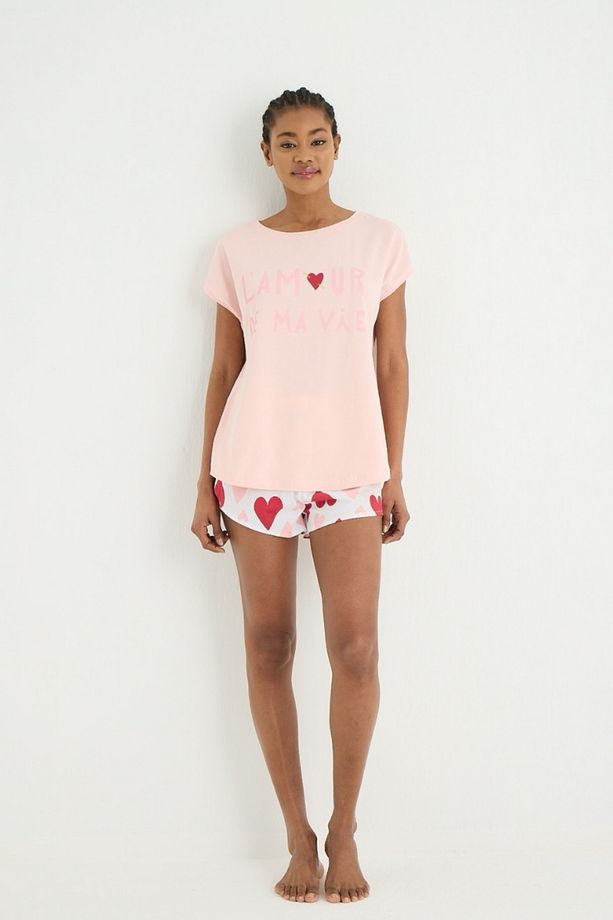Kalp Desenli Şort Pijama Takımı - 3