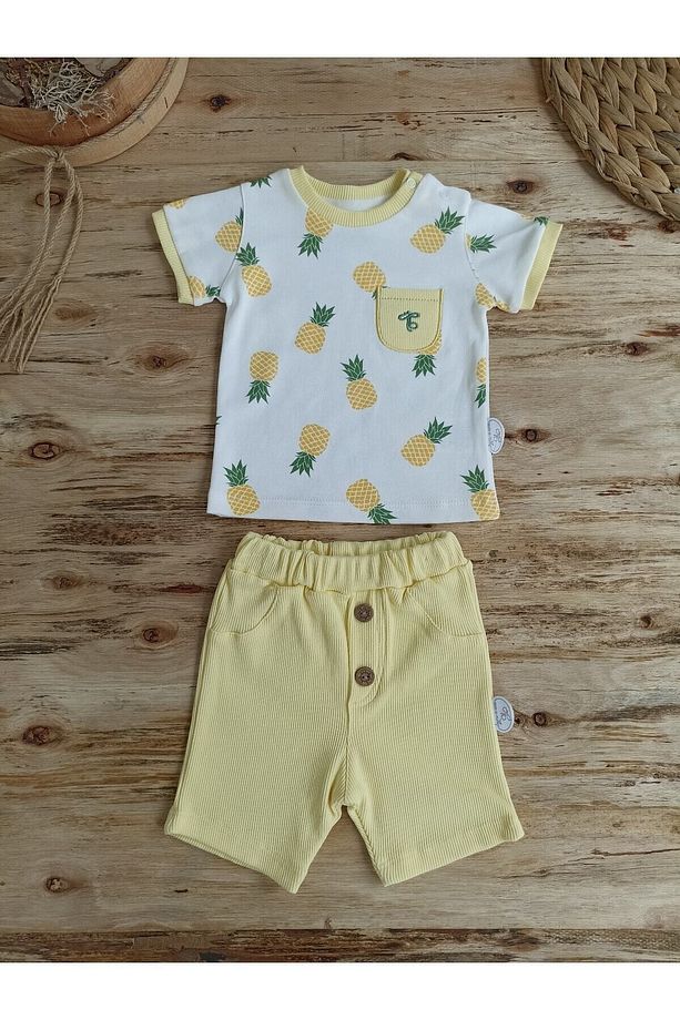 Yenidoğan Erkek Bebek Yazlık Kısa Kollu & Şortlu Takım - Ananas Desenli & Sarı 2'li Alt Üst Takım - 3