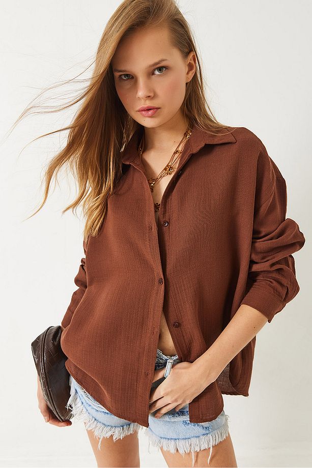 Kadın Oversize Uzun Kollu Müslin Basic Gömlek 34363 60282004 - 1