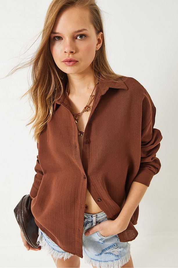 Kadın Oversize Uzun Kollu Müslin Basic Gömlek 34363 60282004 - 3