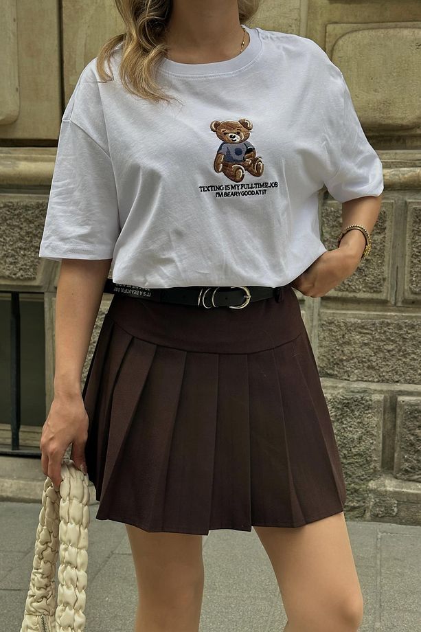 Kemerli Pilise Şort Etek Kahve - 2