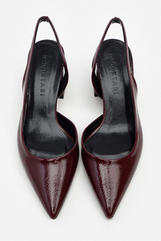 Owen bordó mintás lakkbőr hátpánt részlet hegyes orrú női sarkú cipő - 7