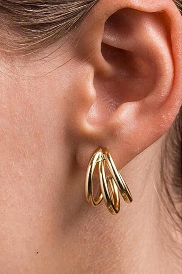 Three Row Cutout Hoop Gold Color Women Earrings