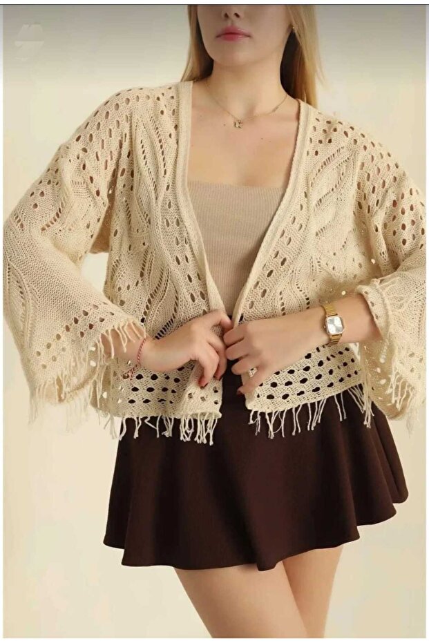 Stone Spanish Sleeve Tasseled Detailed Openwork Seasonal Women's Cotton Cardigan