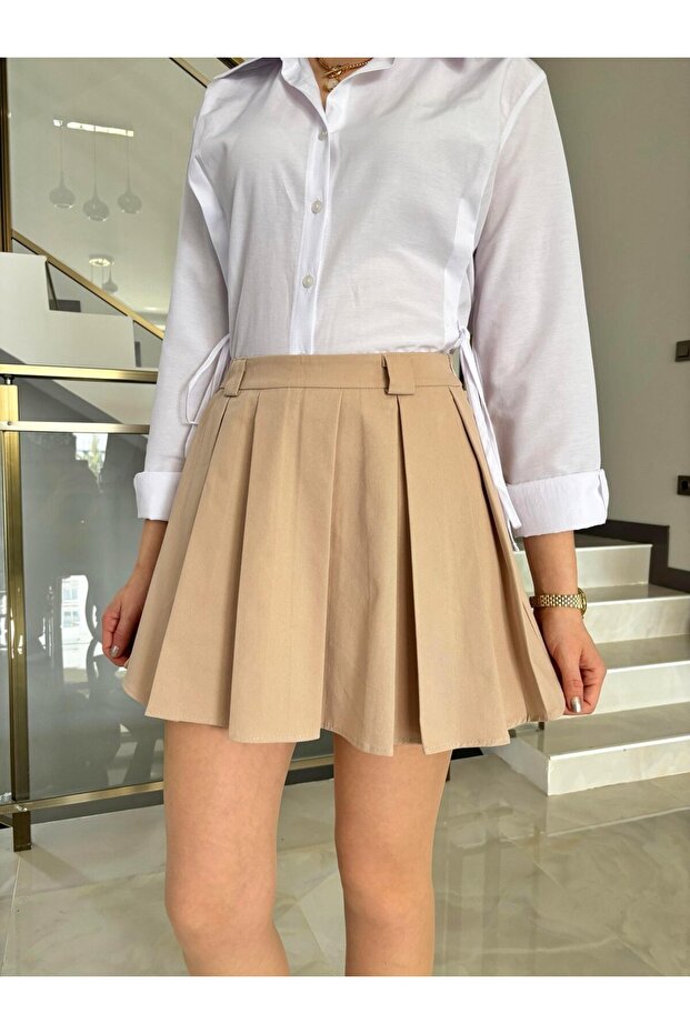 Bej Pileli Mini Etek - 1