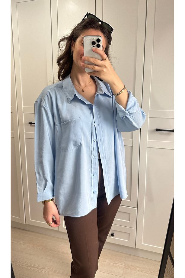 Bebe mavisi oversize kumaş gömlek - 4