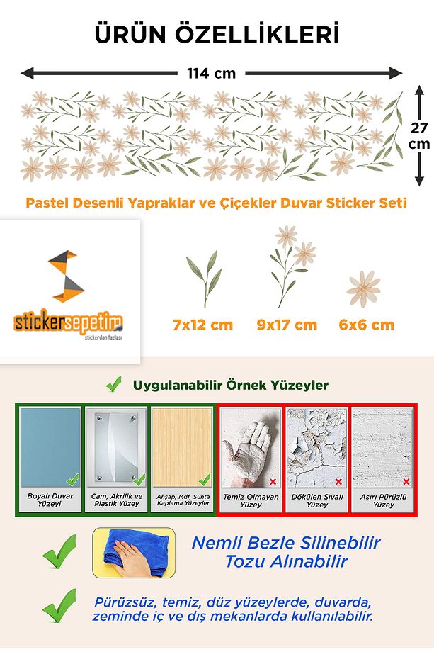 Pastel Desenli Yapraklar ve Çiçekler Duvar Sticker Seti - 2