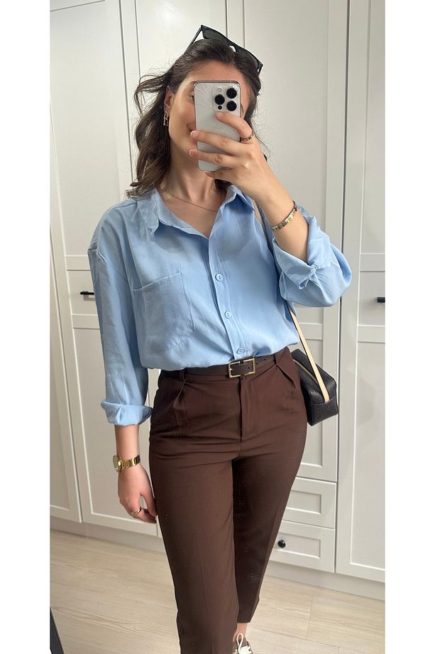 Bebe mavisi oversize kumaş gömlek - 3