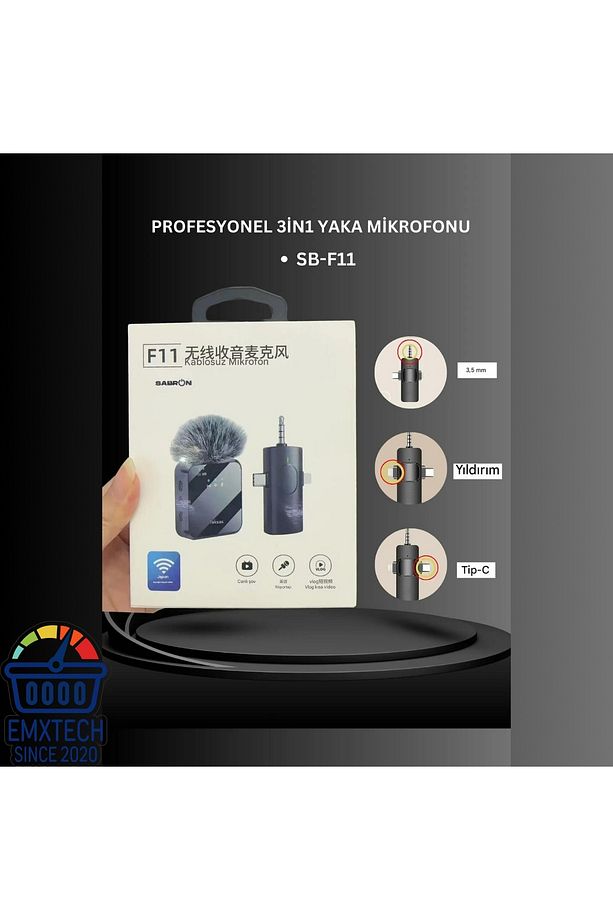 F11 Profesyonel Kablosuz Yaka Mikrofonu 3in1 Mikrofon Type-C/Lighthing/Jack Girişli - 4