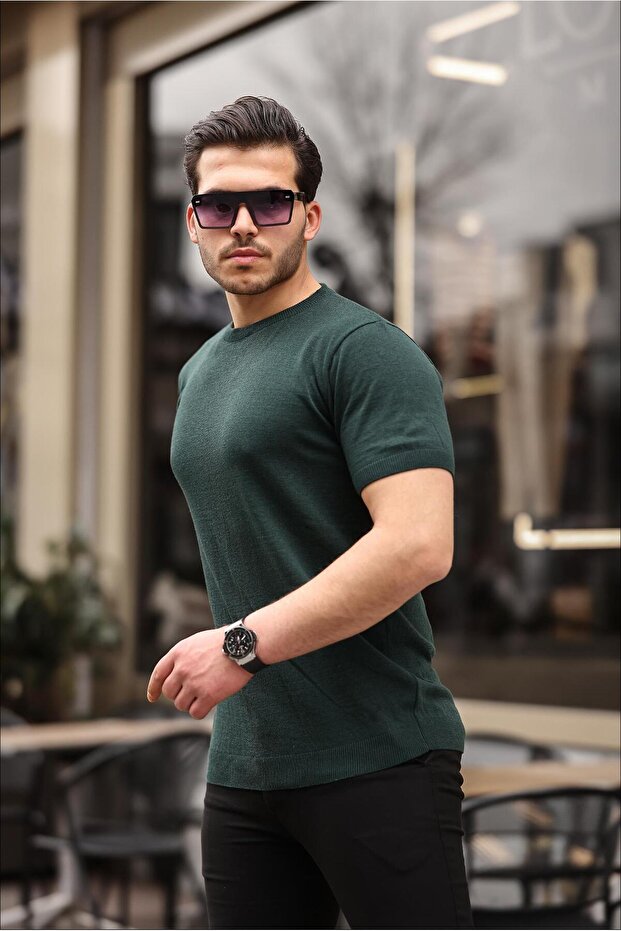 Zümrüt Yeşil Basic Örme Triko Tshirt - 2