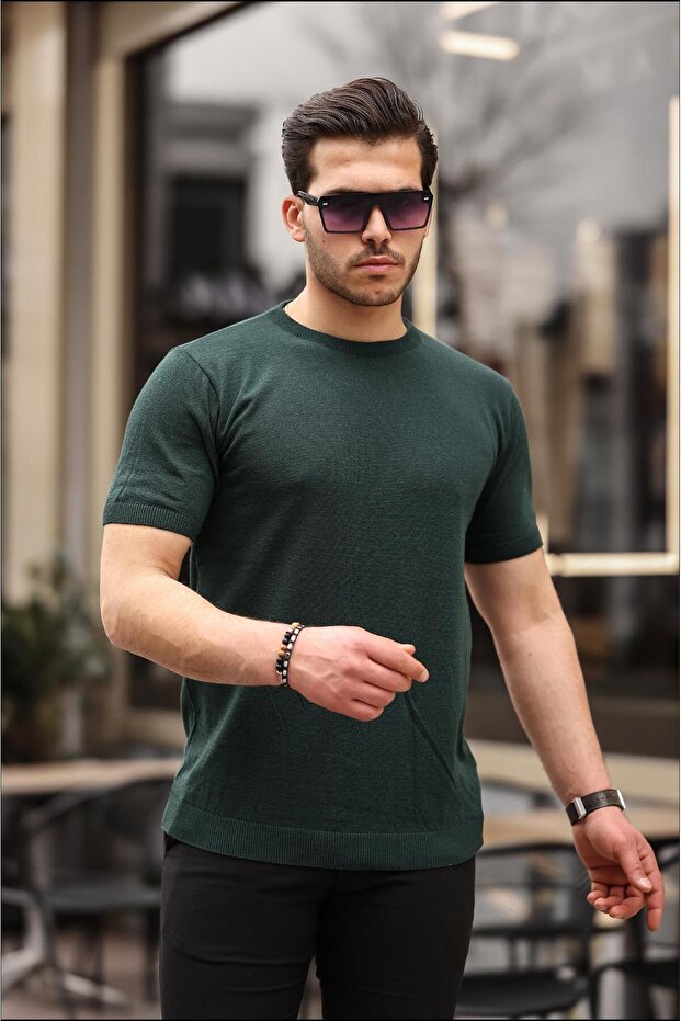Zümrüt Yeşil Basic Örme Triko Tshirt - 1