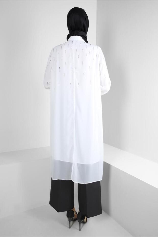 TAŞ BASKILI ASİMETRİK KESİM GÖMLEK TUNİK 43505 - 3