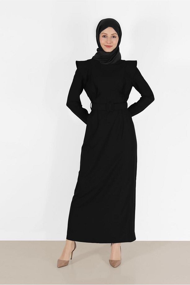 VATKA GÖRÜNÜMLÜ KEMERLİ ELBİSE 42367 - 2