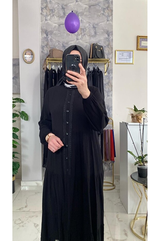 Siyah Viskon Elbise - 3