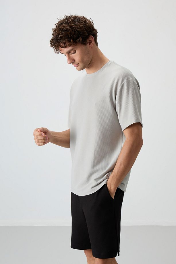Taş Waffle İnterlok Yüzeyi Dokulu Oversize Fit Basic Erkek T-Shirt - 88379 - 5