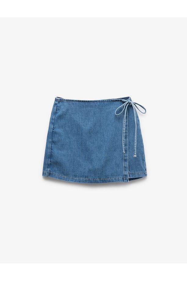 Pamuklu Bağlama Detaylı Mini Denim Şort Etek - 4