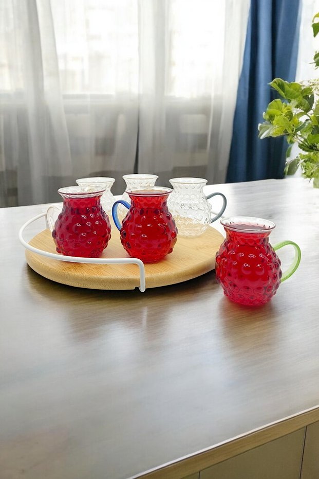 Colored Handled Glass Grape 175ml Keyfi Ala İnci 6-Piece Bead Patterned Borosilicate Glass Set Kw-635