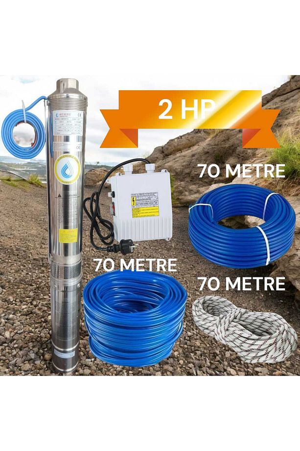 2 HP 18 KADEMELİ DALGIÇ POMPA+70 METRE KABLO+70 METRE CMK İP+70 METRE KANGAL HORTUM+KONTROL KUTUSU - 1