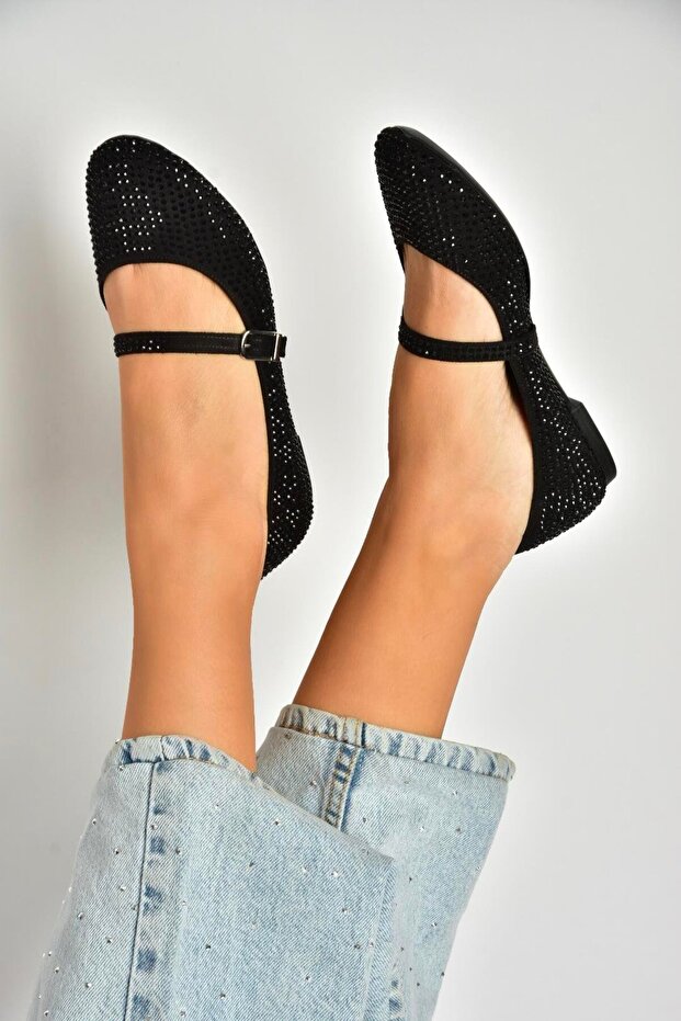 U 726628004 Black Fabric Stone Detailed Ballerinas