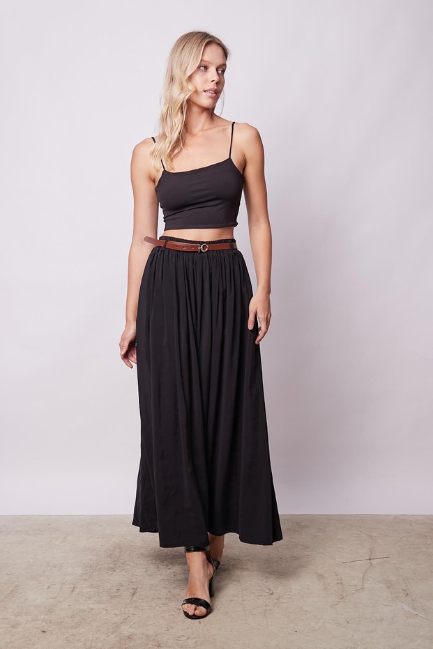 Women's Silky Textured Modal Fabric Ankle-Length Skirt with Pockets and Elastic Waist (Leather Belt Included)-Black