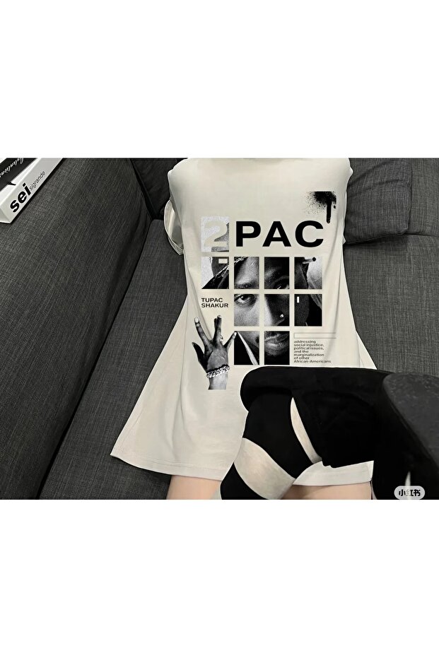 2Pac Special Design New Season Front/Rear Printed Oversize Beige T-Shirt