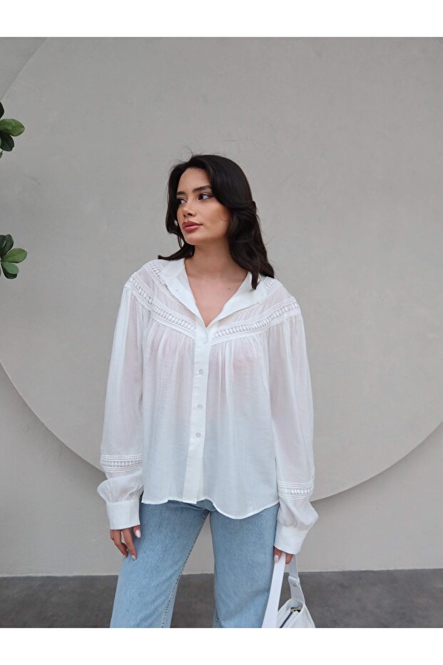 Dantel Detaylı Oversize Gömlek - 4
