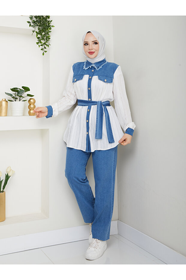 Women's Ecru Blue Jeans Detailed Shirt Pants Double Set