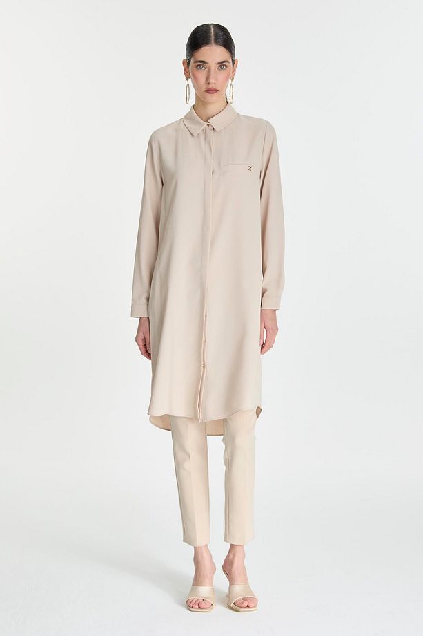 Gizli Düğme Detaylı Tunik Bej T-0767 - 1