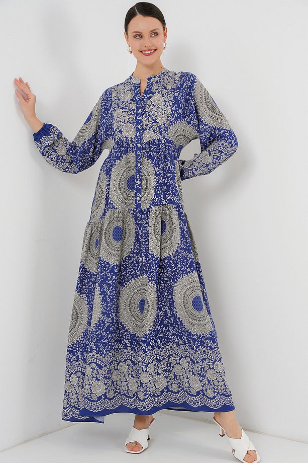 2423 Otantik Desenli Tesettür Elbise - Saks 4 - 1