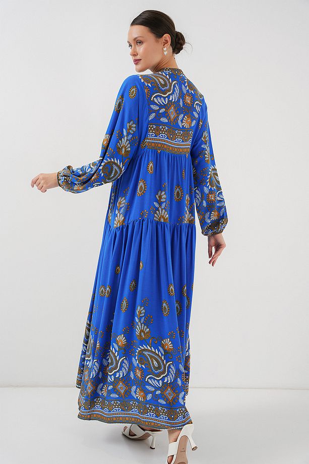 2423 Otantik Desenli Tesettür Elbise - Saks 1 - 5