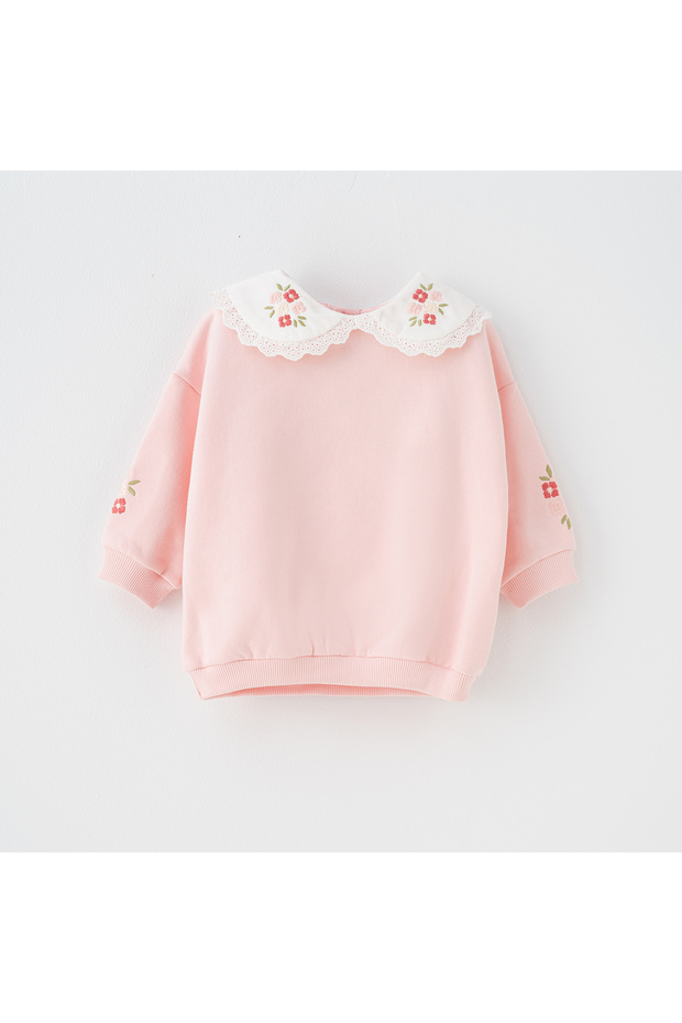 Girl's Pink Flower Embroidered Baby Collar Single Top