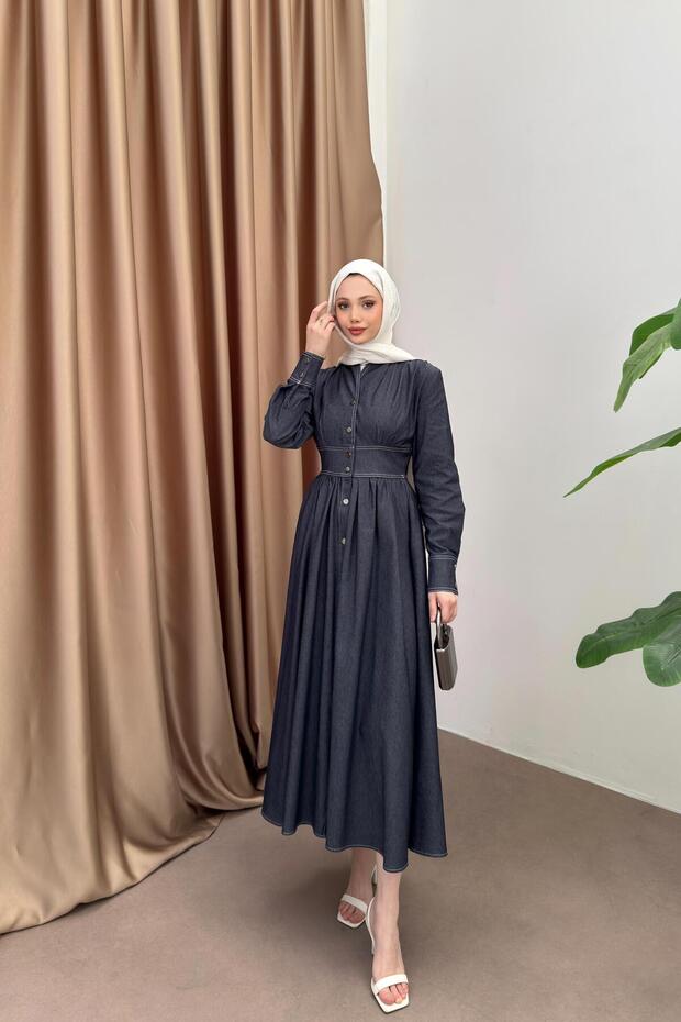 Çıt Çıt Düğmeli Elbise - Mavi - 5