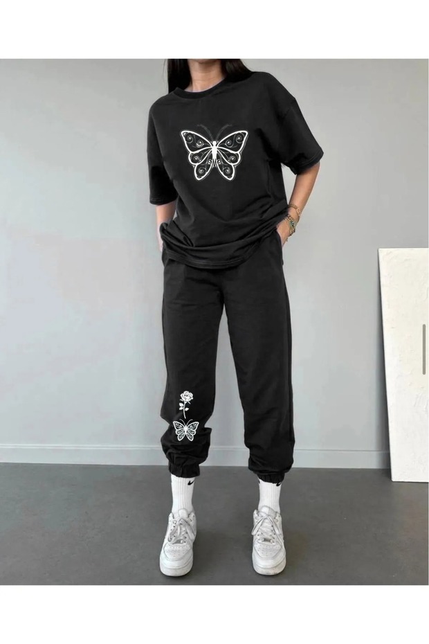 Oversize Tracksuit - Butterfly Pattern Printed Tracksuit Set