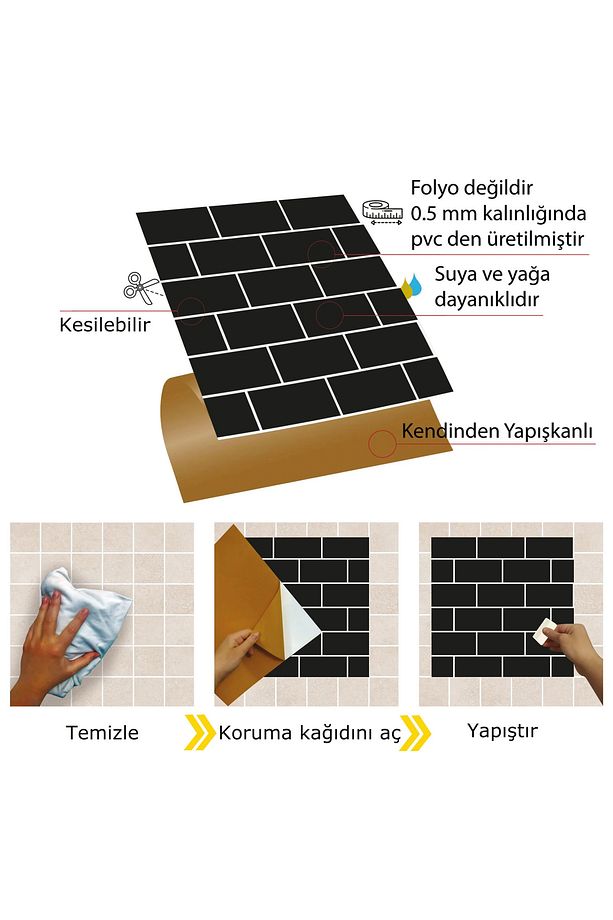 Kendinden Yapışkanlı Siyah Metro Desenli Pvc Karo 30x30 Cm (33 ADET) 3m2 - 3