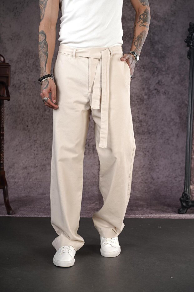 Belted Baggy Fit Gabardine Trousers
