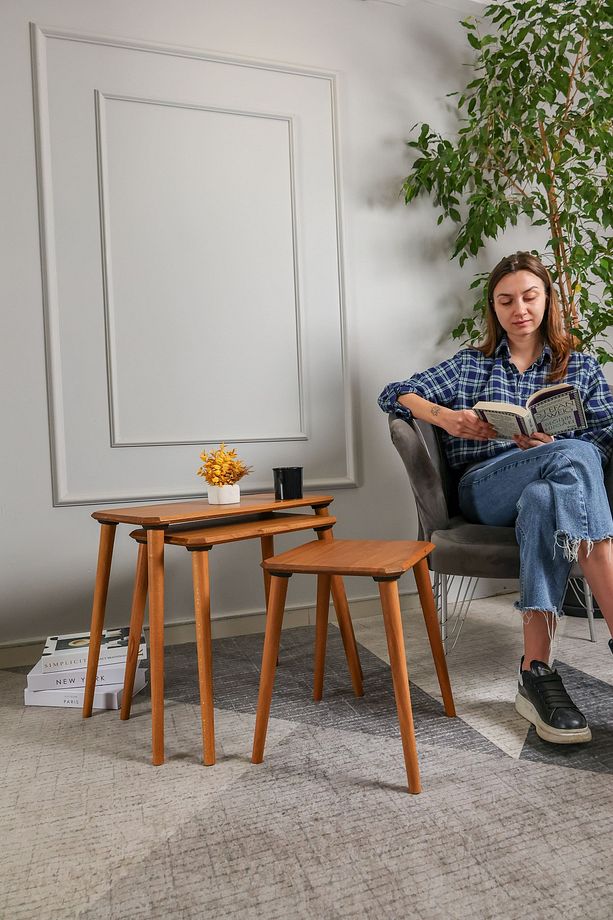 Meşe Masif Doğal Ahşap Zigon Sehpa 3'lü Set, Modern Masif Yan Sehpa - 5