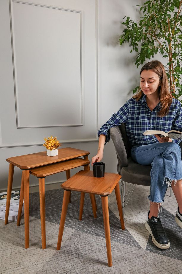 Meşe Masif Doğal Ahşap Zigon Sehpa 3'lü Set, Modern Masif Yan Sehpa - 7