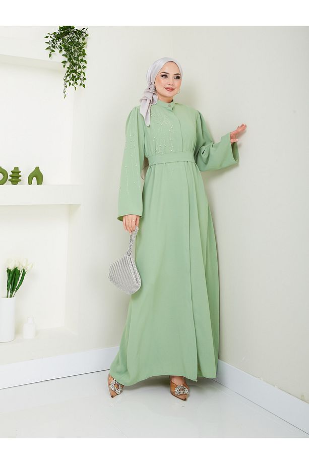 10 NUMARA MODA  Tesettür Giyim Kadın Ön ve kol Taşlı detaylar Ferace Elbise 10NMR4004 - 8
