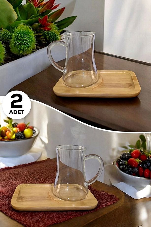 2'li Bambu Kapaklı Morning Çay Bardağı Seti Kulplu Isıya Dayanıklı Keyfi-ala Cam Bardak 180 ml. - 1