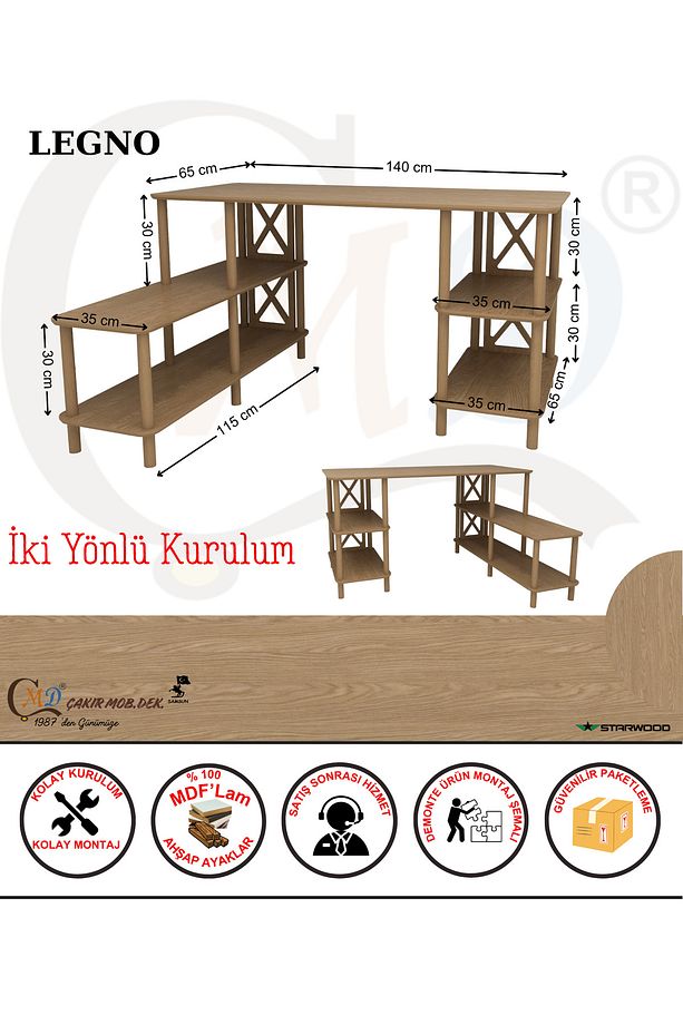 Legno Çalışma Masası: Minimalist Mdf, Ahşap Ayak Ve Yazıcı Rafı - 4