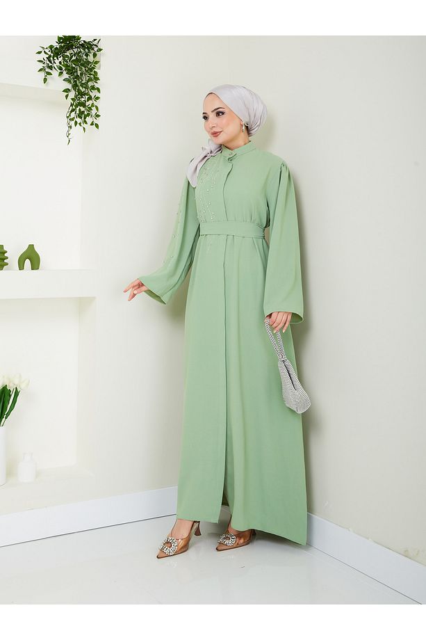 10 NUMARA MODA  Tesettür Giyim Kadın Ön ve kol Taşlı detaylar Ferace Elbise 10NMR4004 - 5