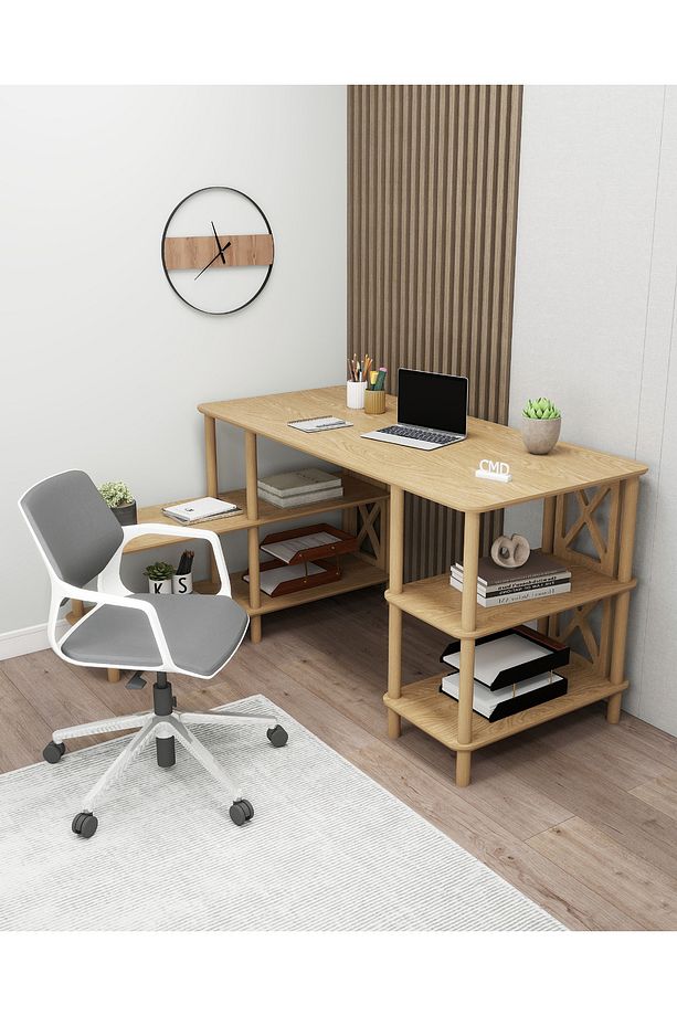 Legno Çalışma Masası: Minimalist Mdf, Ahşap Ayak Ve Yazıcı Rafı - 5