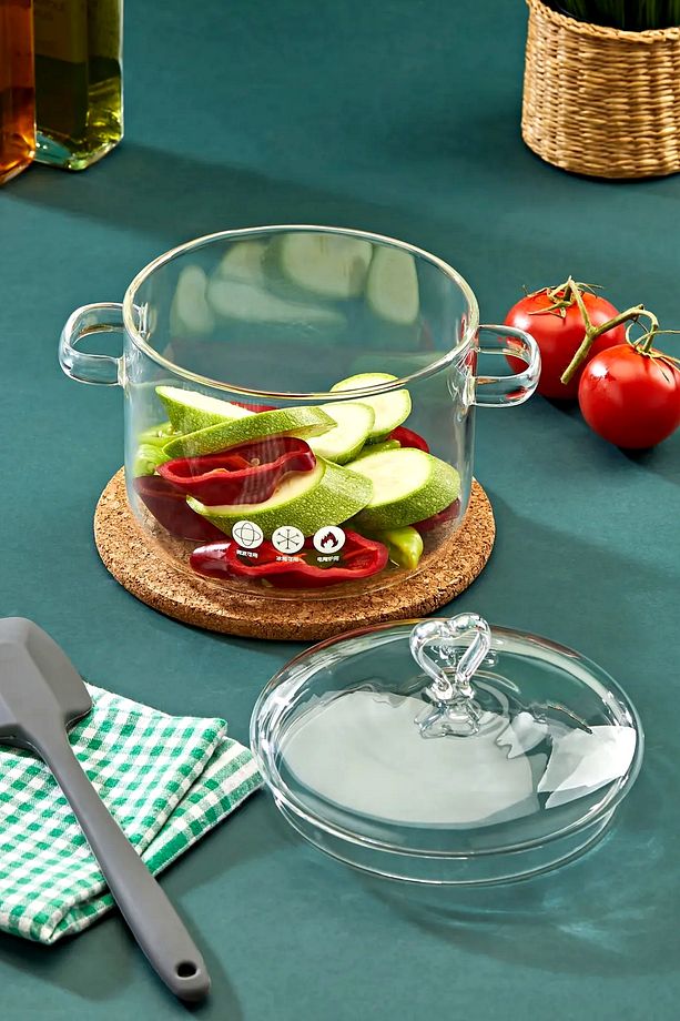 Kalp Figürlü Still Cam Tencere Borosilikat Isıya Dayanıklı Ocaküstü Kulplu Şeffaf Tencere 1900 ml - 3