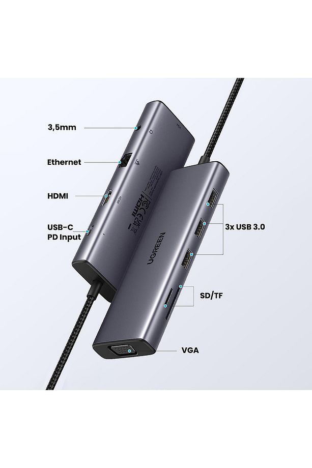 Ugreen 10-in-1  3xUSB 3.0, 100W Type-C, 4K HDMI, 1080p VGA, SD, TF Kart Okuyucu Hub - 15601 - 2