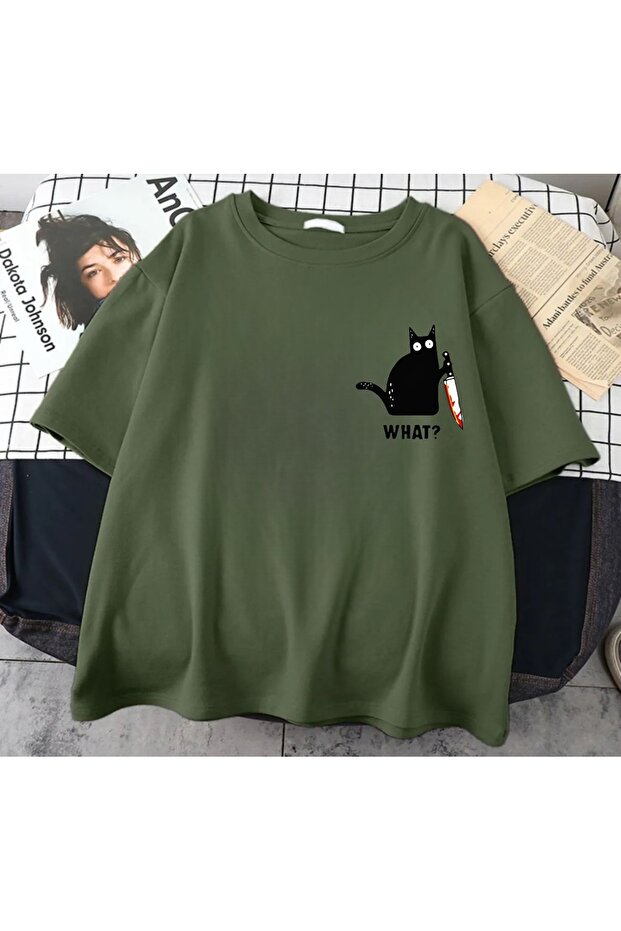 Khaki Kill Cat Front/Rear Printed Oversize T-Shirt -Mingalondon