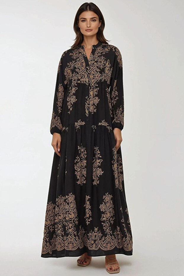 Baskılı Uzun Kol Viskon Maxi Elbise - 1