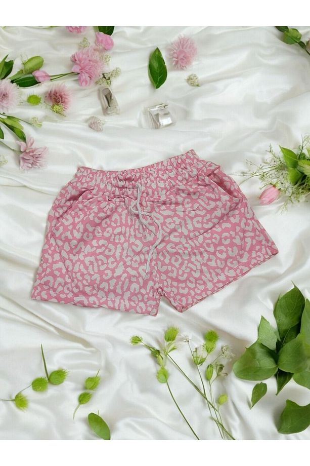 Pembe Leopar Desenli Kadın Şort - 1